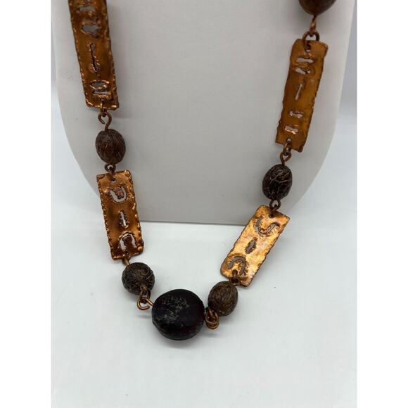 Brutalist Artisan Copper cutout pendant and Beaded chain Boho Necklace - Picture 4 of 5